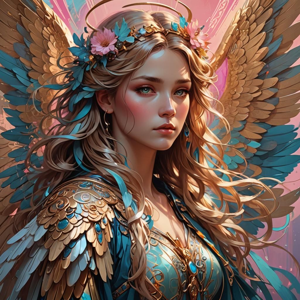 Angel Portrait with Golden Hues, Art Nouveau Style