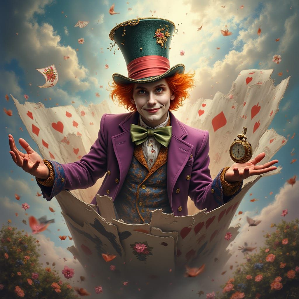 Mad Hatter Emerges from Vibrant Playing Card in Whimsical Po...
