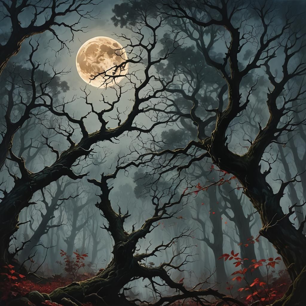 Eerie Moonlit Forest in Dark Fantasy Art