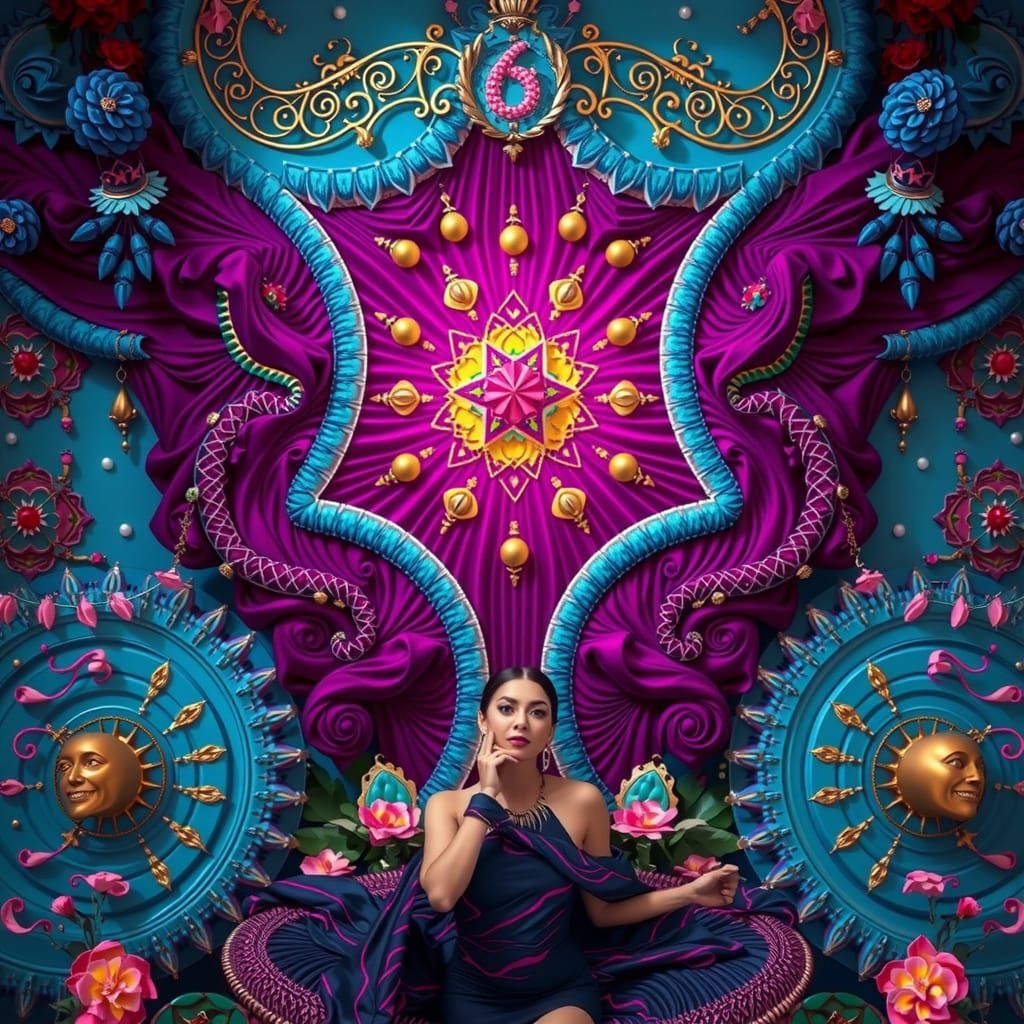 Elegant Woman in Luxurious Psychedelic Surrealist Scene