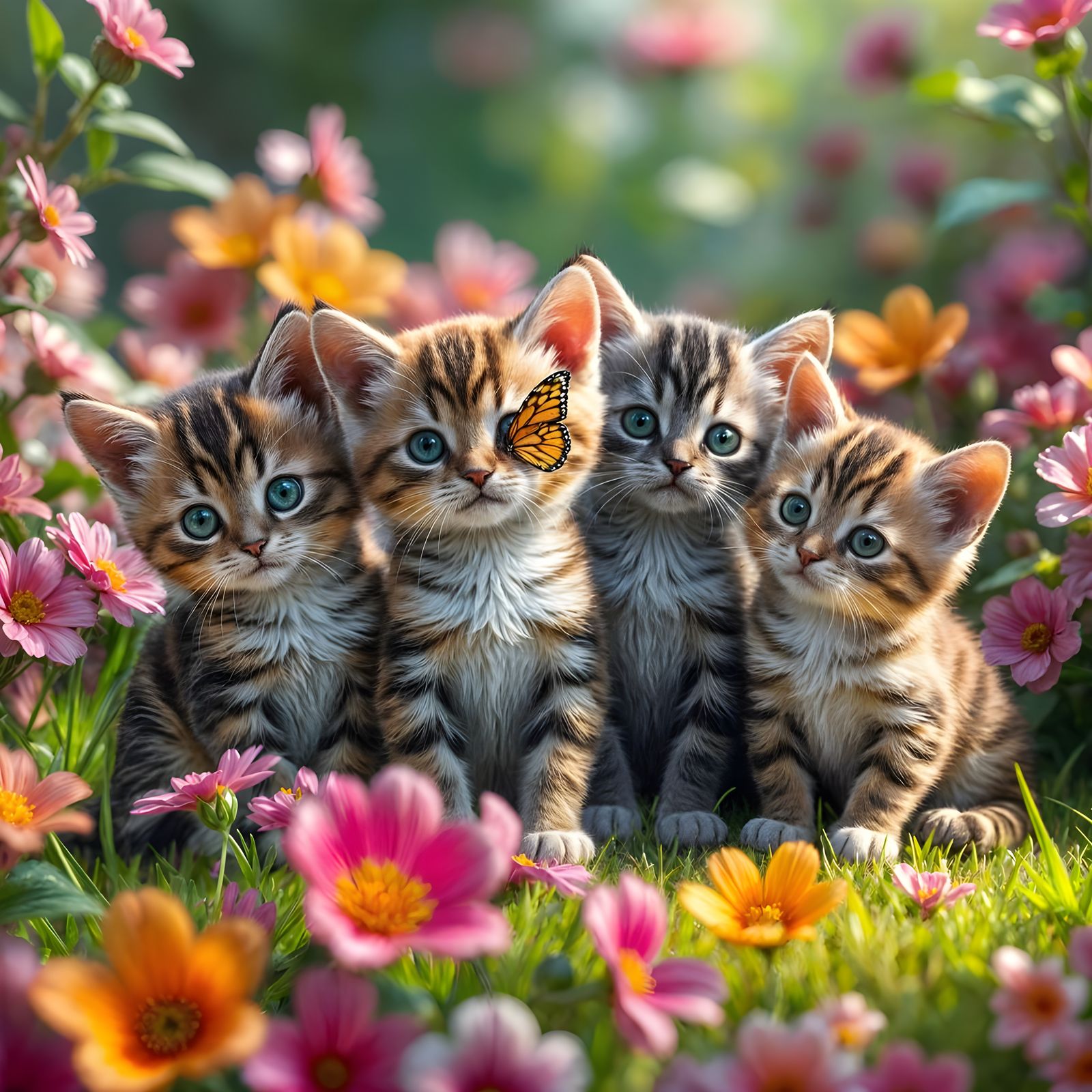 Whimsical Garden Scene with Playful Kittens