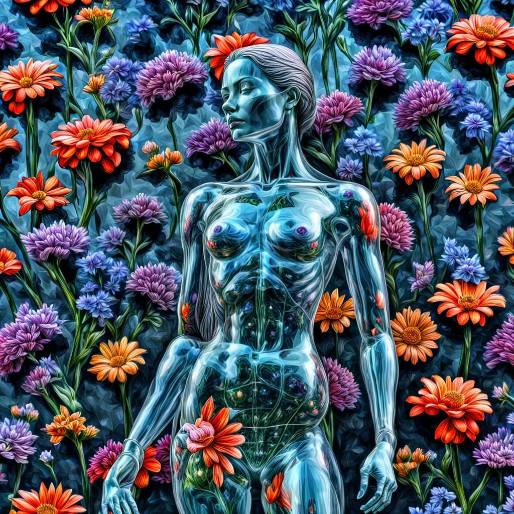 Glass Woman Filled with Flowers: Hyperrealistic Image