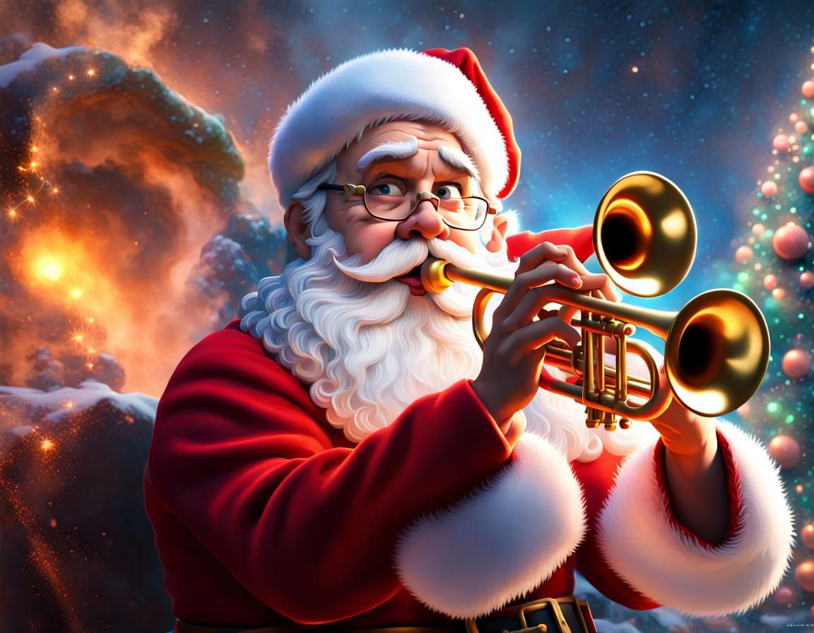 Cross-Eyed Santa Blowing Trumpet in Ethereal Fantasy