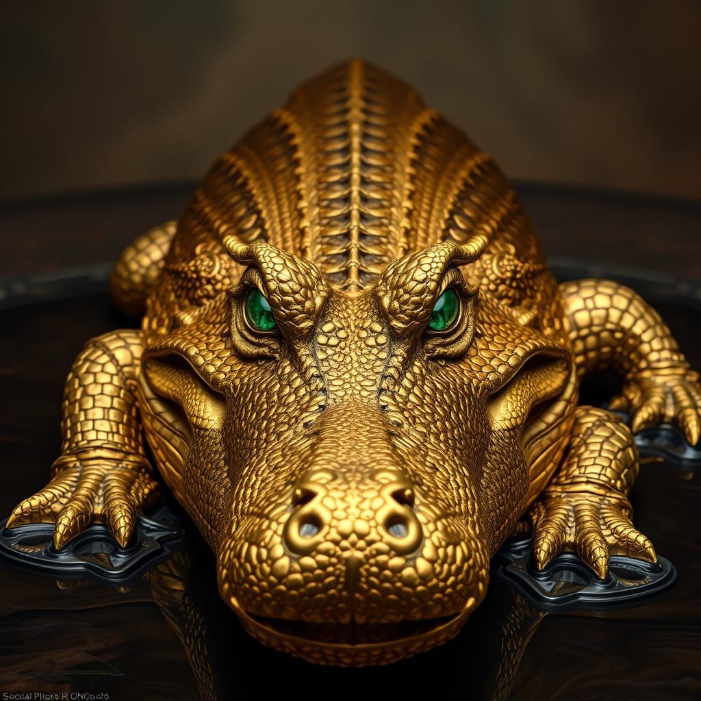 Golden Baroque Alligator Sculpture in Ornate Style