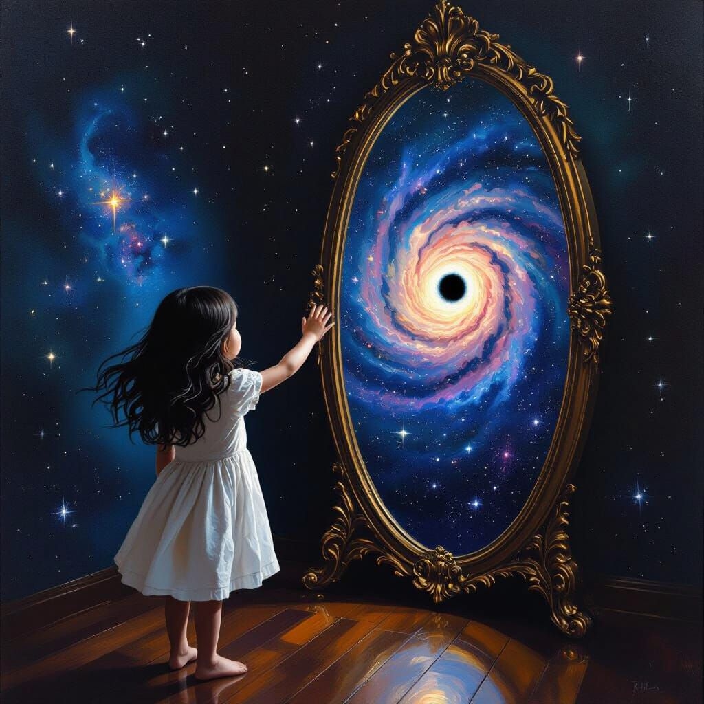 Girl Reaches for Mirror Reflecting Cosmic Galaxy