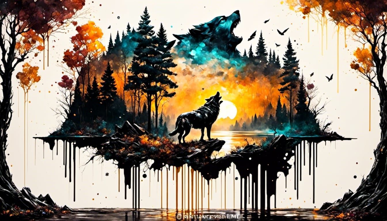 Inspired by Drone fly @Drone-fly

Oil splash painting of A beautiful view on a detailed wolf with a Sunset in autumn in ...