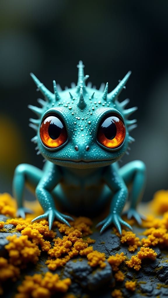 Bumpy Teal Creature with Golden Eyes on Rocky Perch