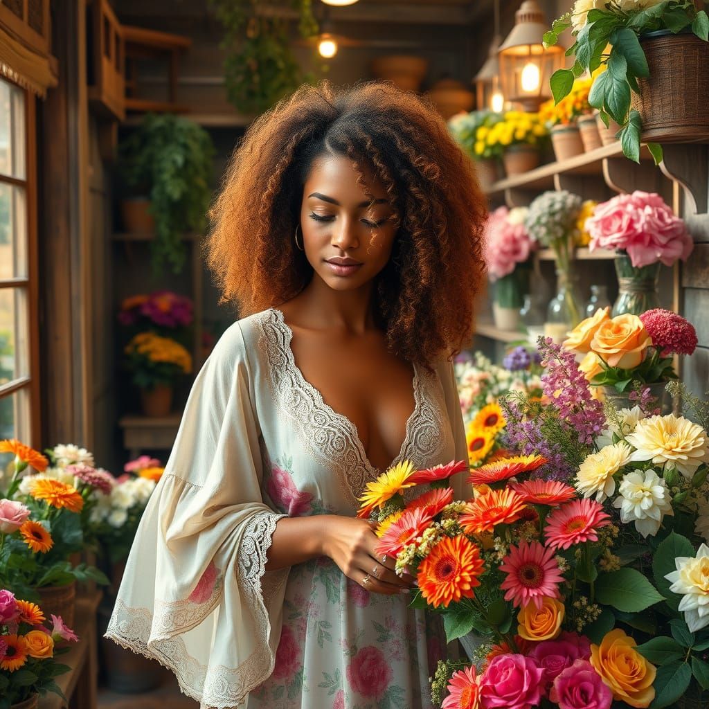A Florist Selects Flowers in a Vibrant Old-World Shop