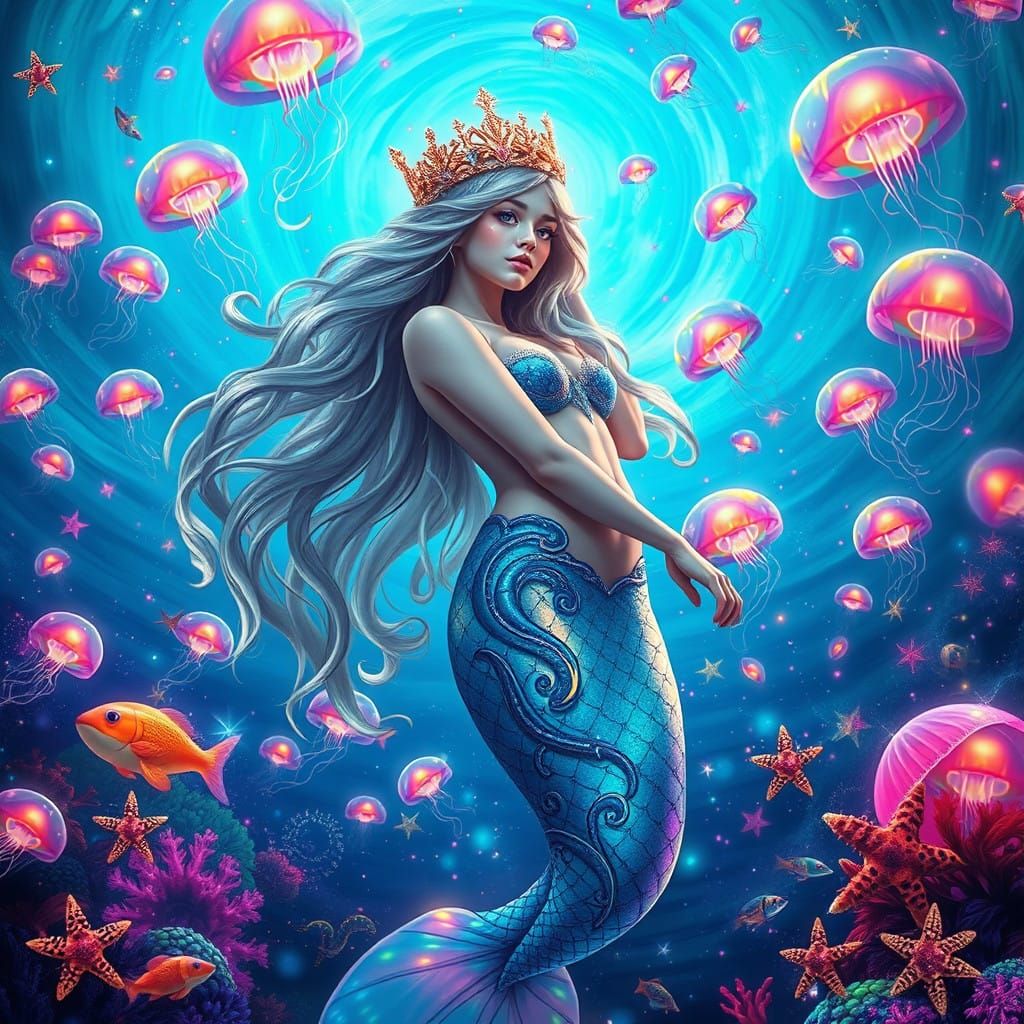 Iridescent Mermaid in a Bioluminescent Ocean