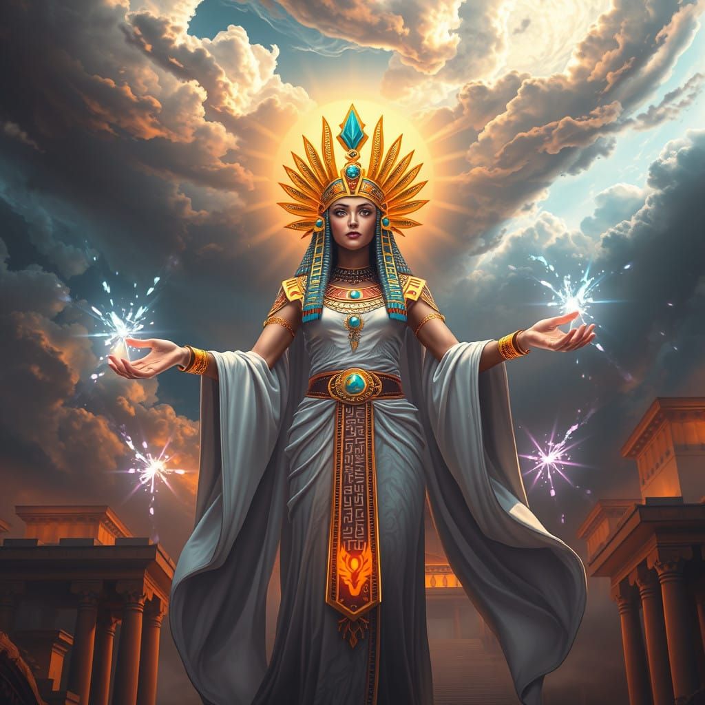 Goddess Isis Radiates Healing Light in Vibrant Fantasy Scene