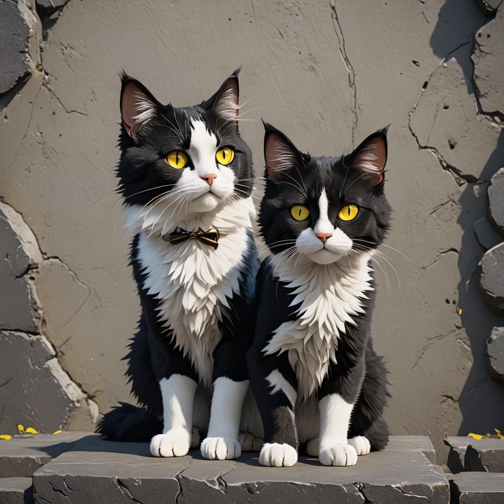 Fluffy Tuxedo Cat with Yellow Eyes in 3D