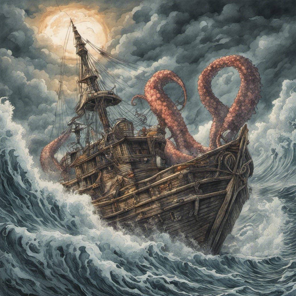 Kraken Attacks Fishing Boat: Manga Comic Style