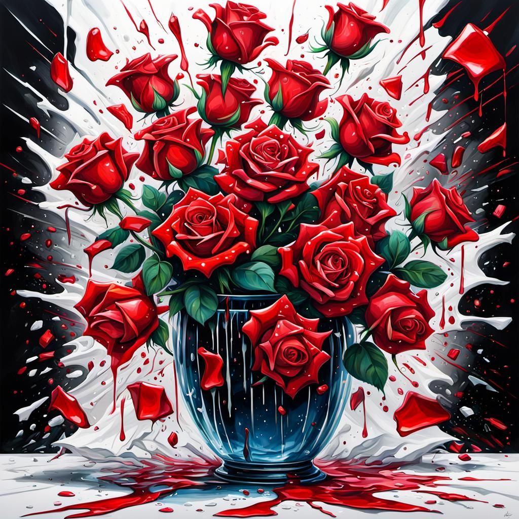 Exploding Vase of Red Roses in Graffiti Art