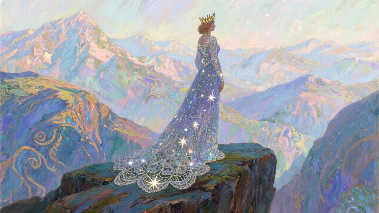 Queen on Precipice Overlooking Dreamy Mountains in Mucha Sty...