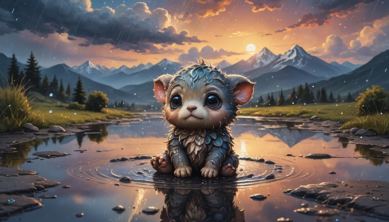 Cute Creature in Rainy Sunset Landscape