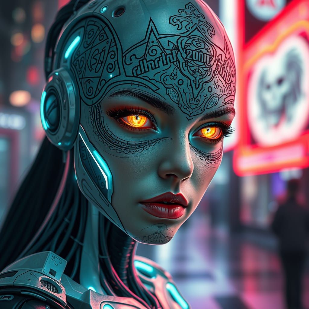 Cyborg Woman with Neon Eyes in Cyberpunk Style