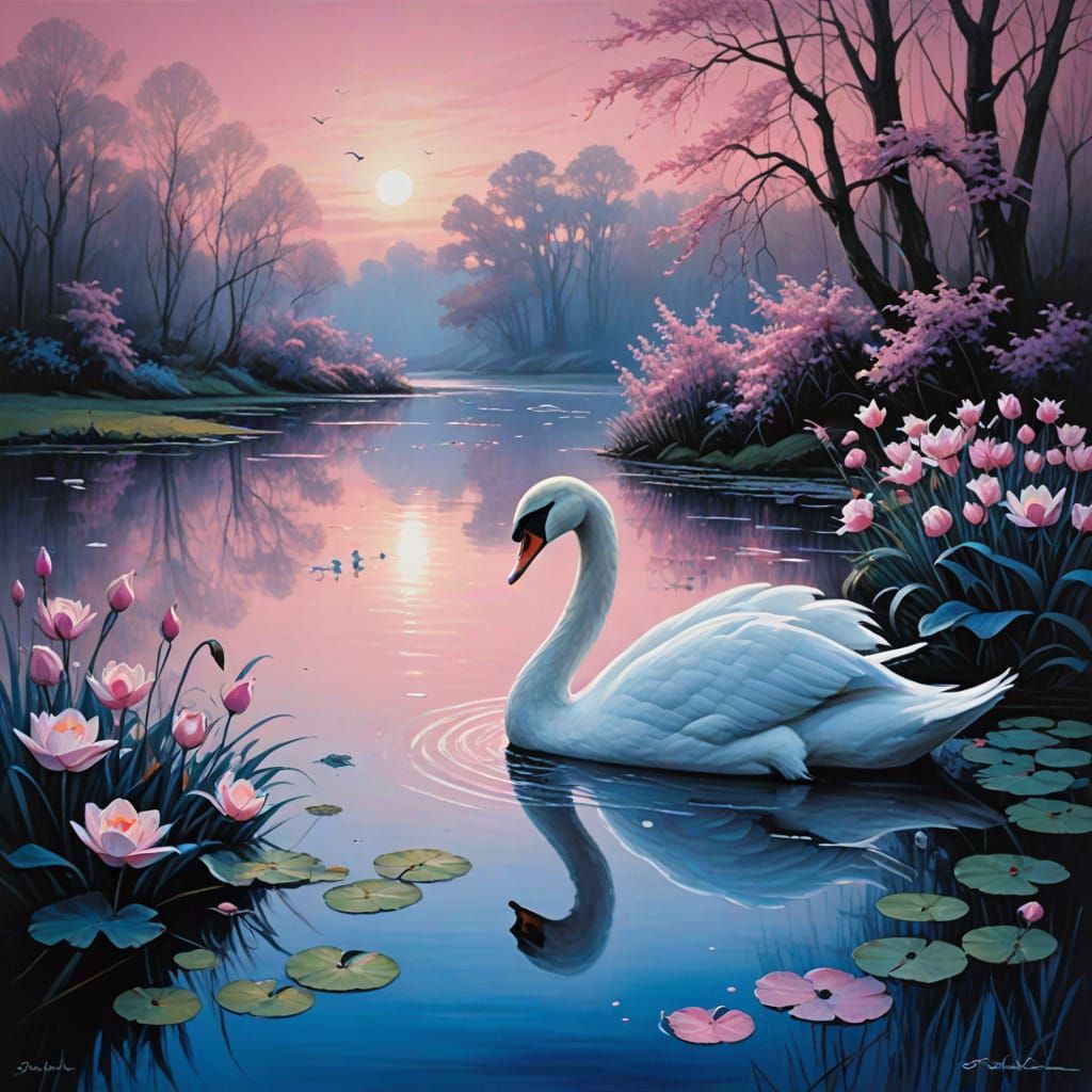 Lyrical Pink Light Painting of Swans at the Pond