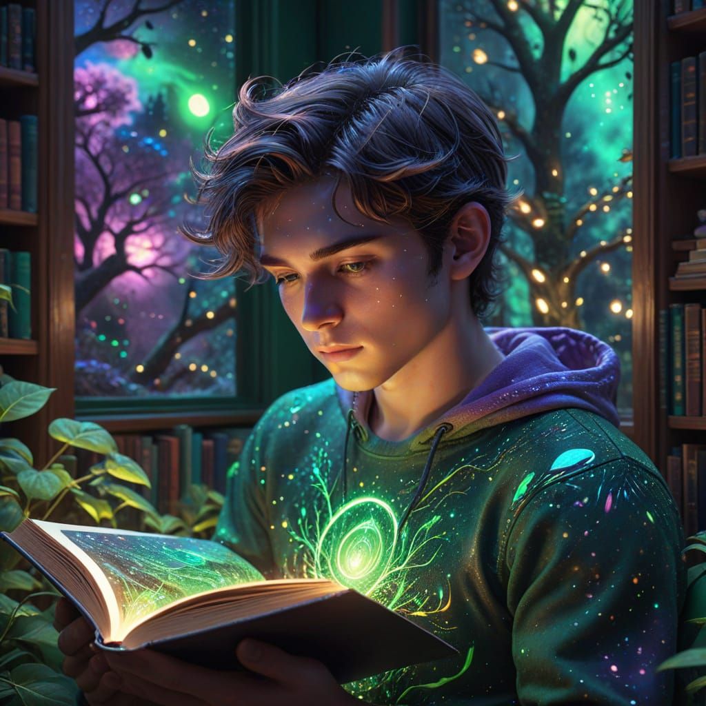 Cosmic Boy Reading in Library Corner