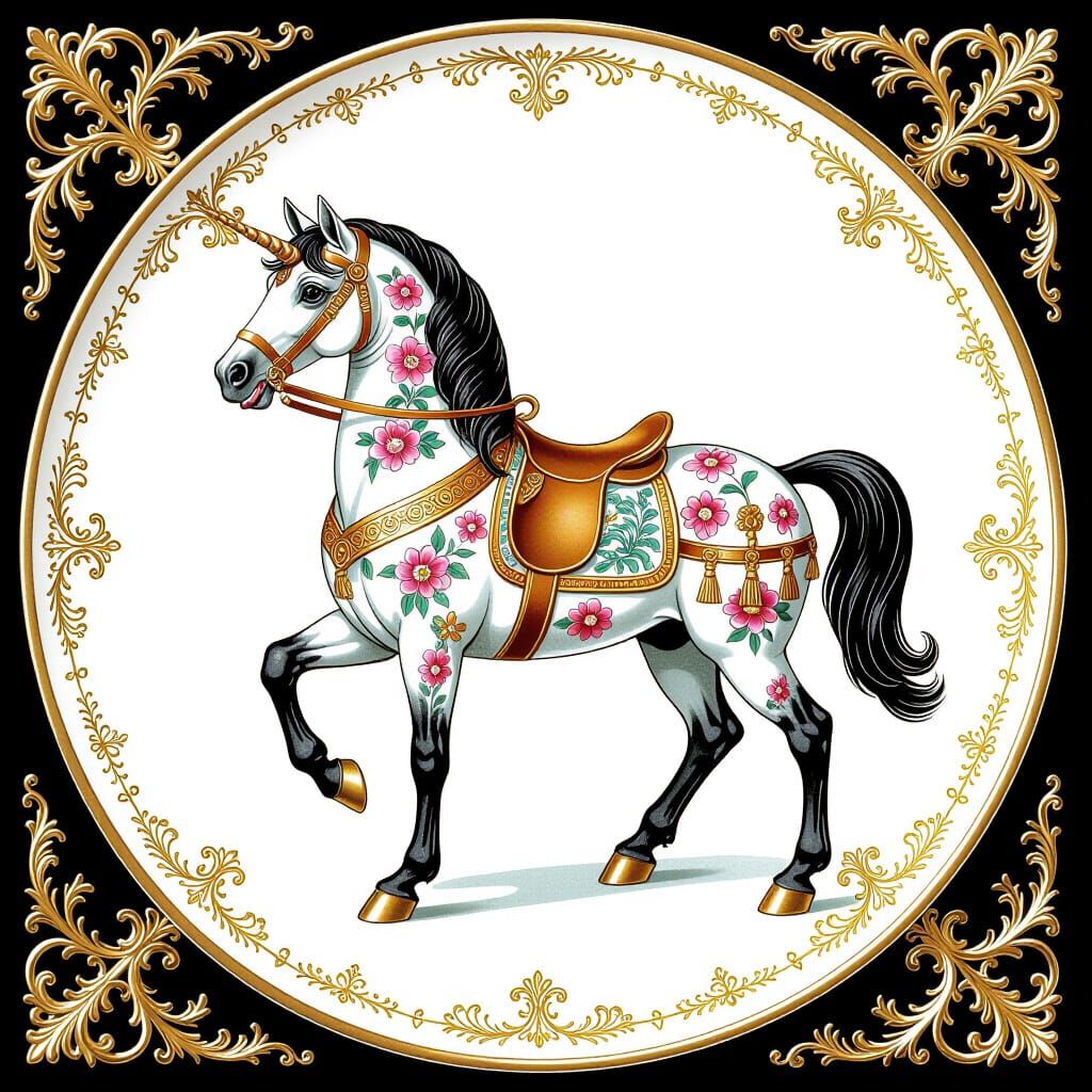 Gold-Dipped Chinoiserie Porcelain Horse in Art Nouveau Style