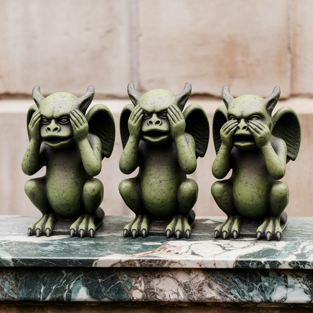 Ancient Green Gargoyle Trio on Weathered Marble Ledge