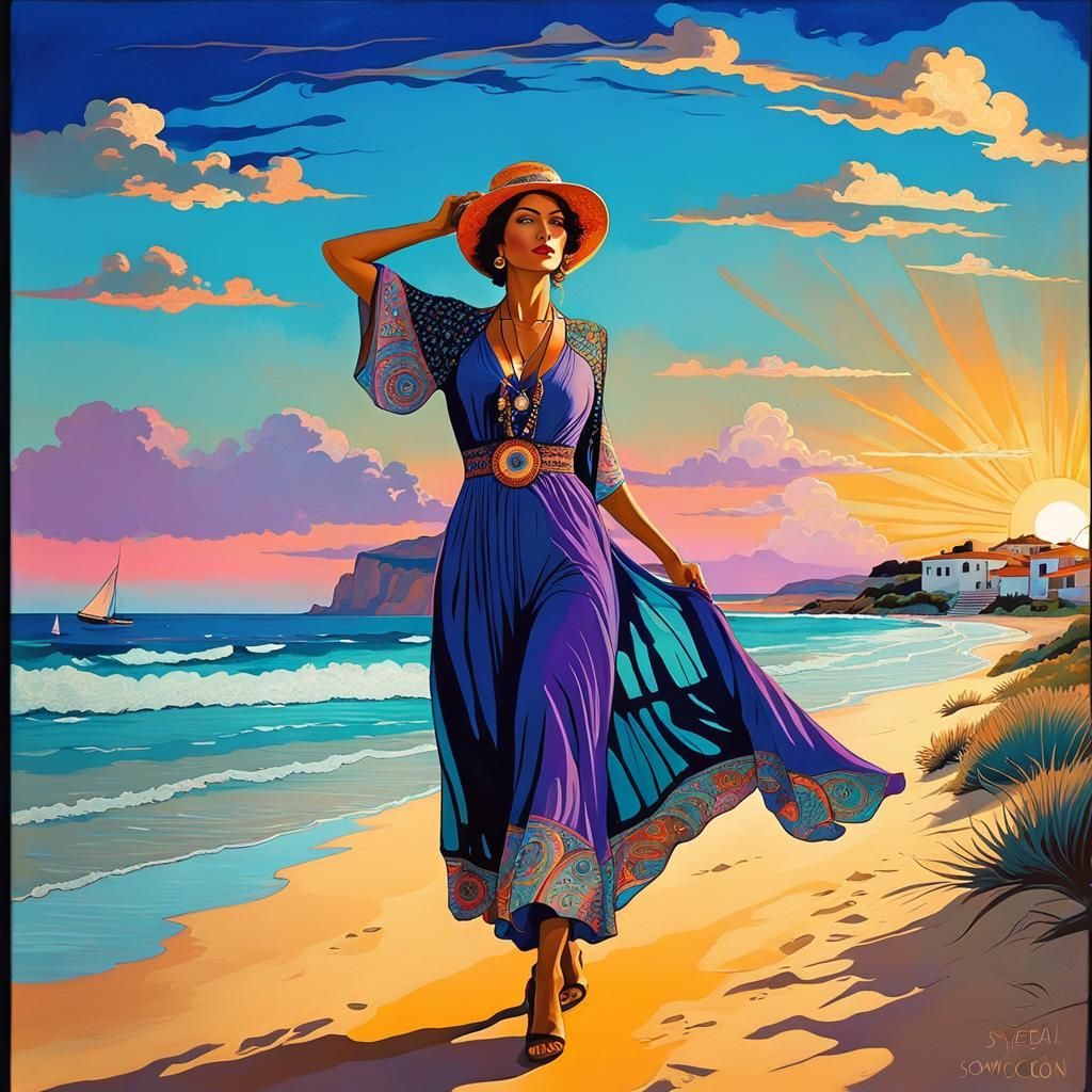 Bohemian Woman on Mediterranean Beach Art Deco Style