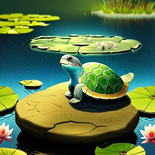 Cute Turtle Singing by Pond in Anime Style