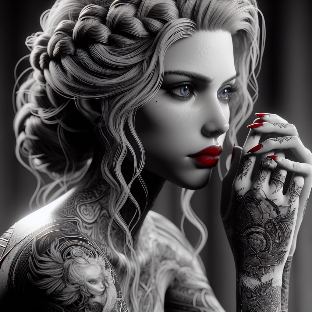 Contemplative Woman with Tattoos: Monochromatic Digital Art