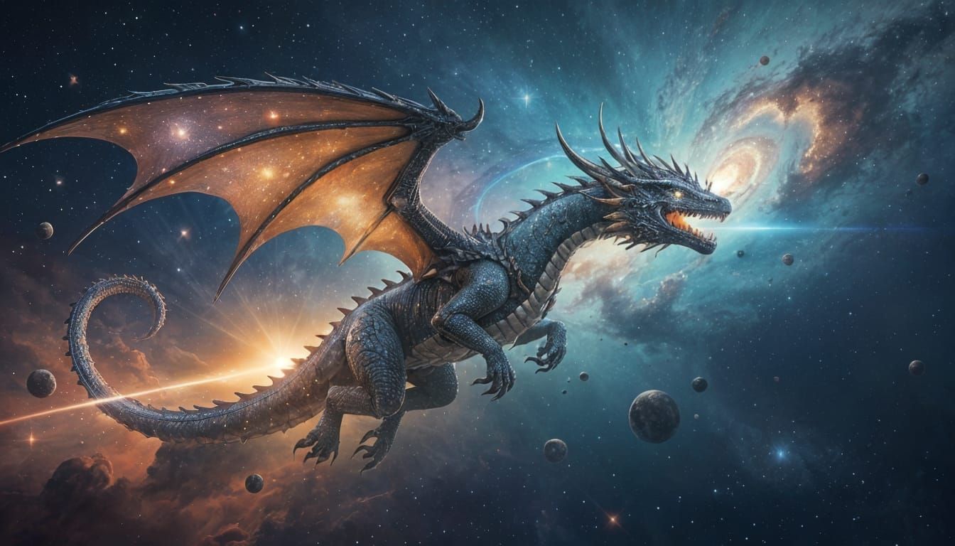 Celestial Clockwork Dragon Soaring Through Nebula in Digital...