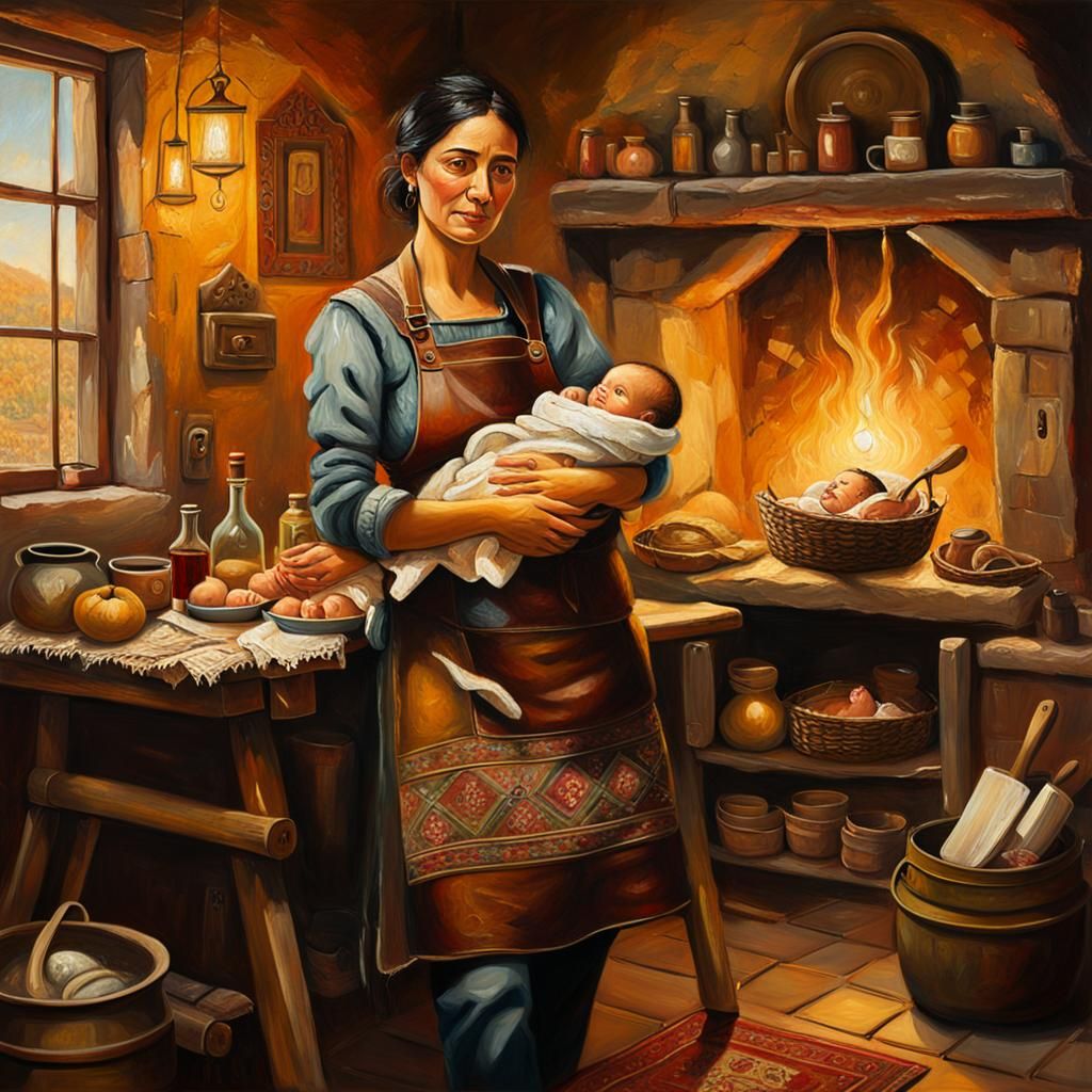 Holding a Baby: A Vibrant Oil Painting