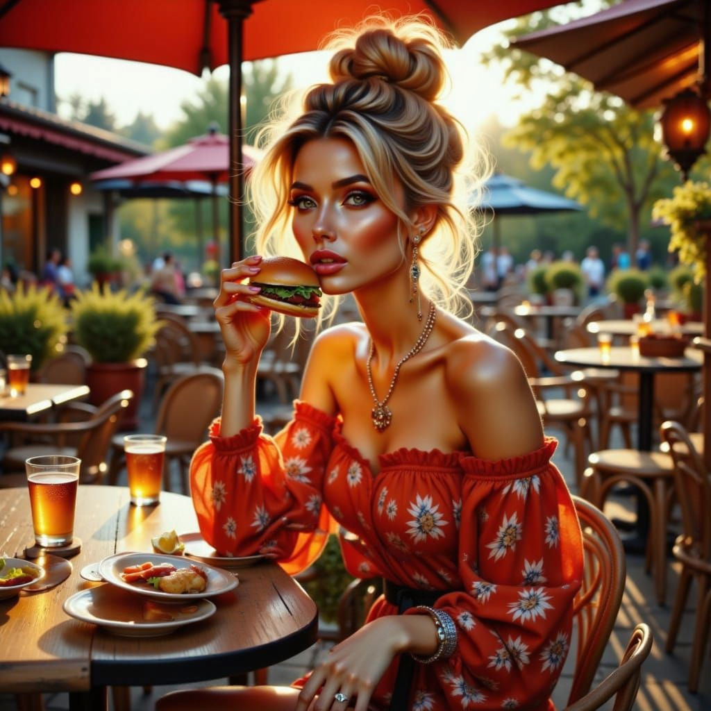 Woman in Blouse and Skirt at Terrace Bar