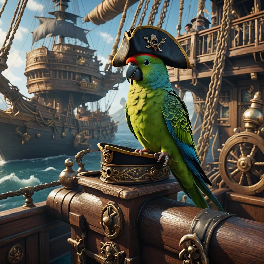Parakeet Pirate Ship: Detailed Digital Art