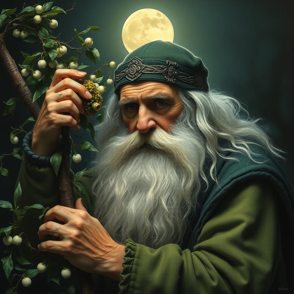 Celtic Druid Harvesting Mistletoe: Hyperrealistic Detailed P...