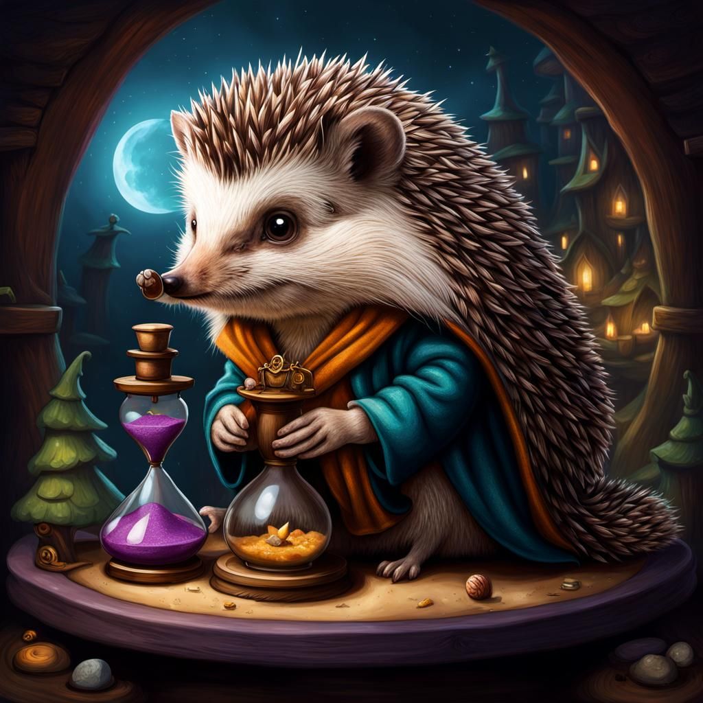Hedgehog Wizard Contemplates Time in Chalk Art Style