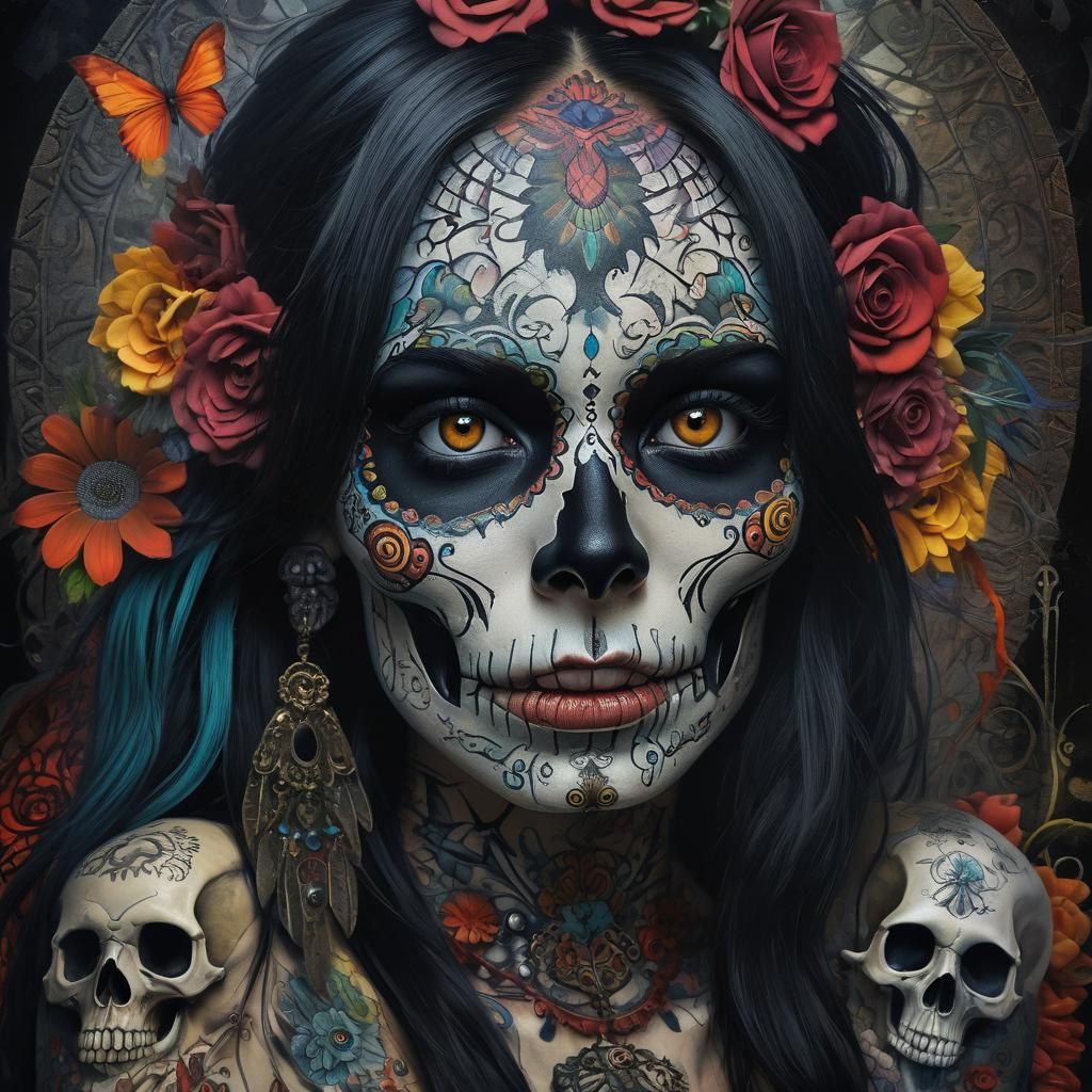 an artistic interpretation of a female skull with long, mess...