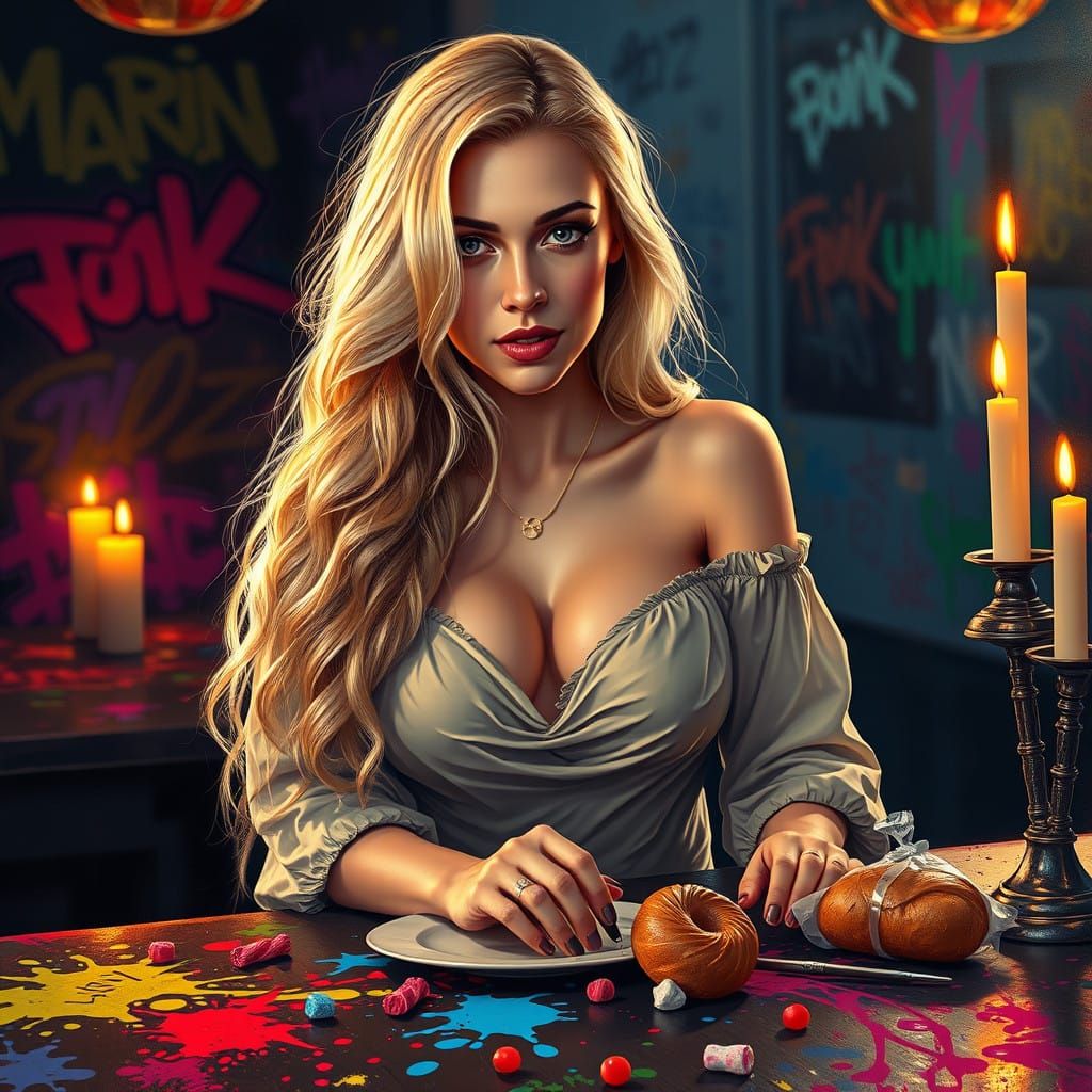 Dramatic Woman Surrounded by Artistic Splatters in Warm Ligh...