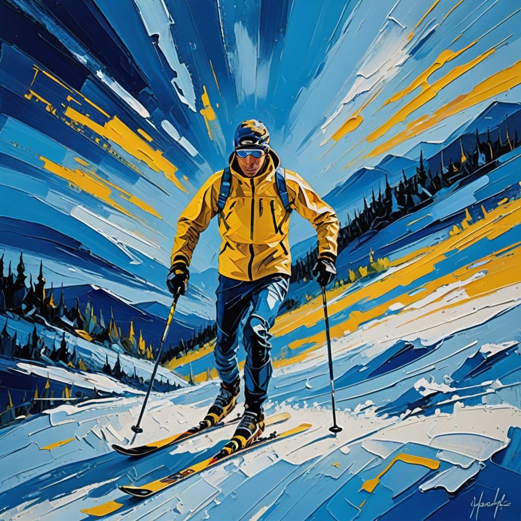Abstract Expressionist Skier in Vibrant Blue Environment
