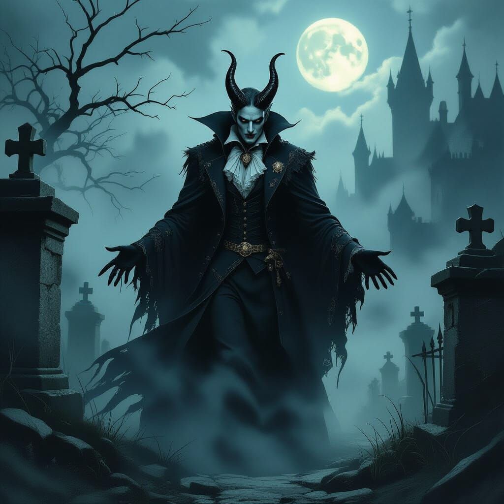 Gothic Vampyr Emerges from Misty Graveyard