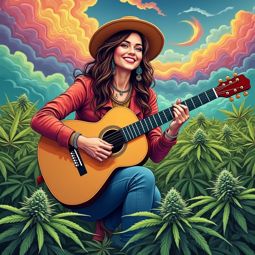 Boho Woman's Psychedelic Marijuana Meadow, Vintage Poster Ar...