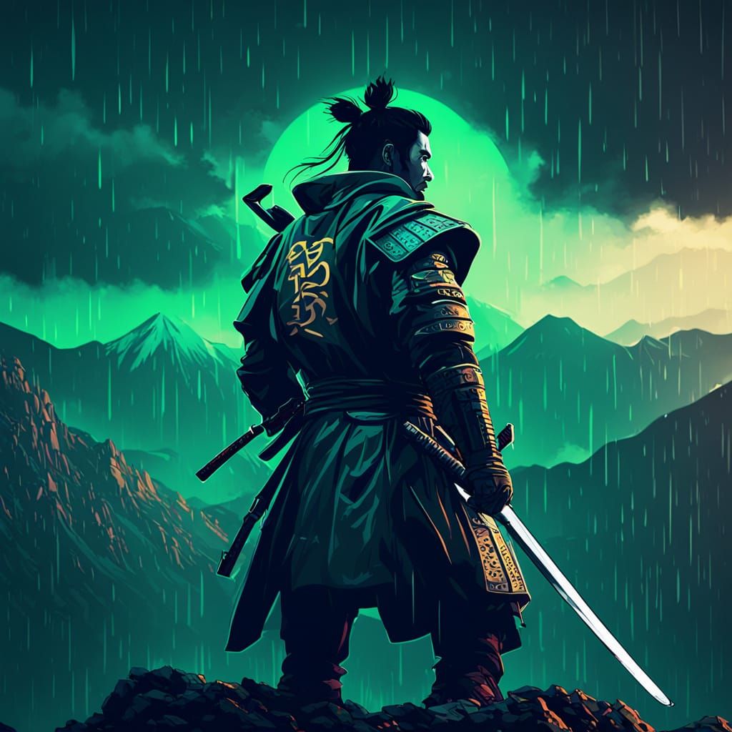 Cyberpunk Samurai on Mountaintop with Katana