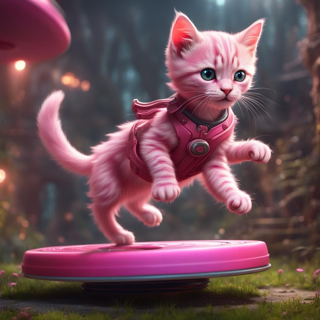 Pink Kitten Rides a Frisbee: Detailed Digital Painting