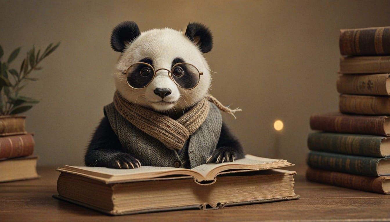 Panda in Vintage Tweed Vest Amidst Whimsical Library Scene