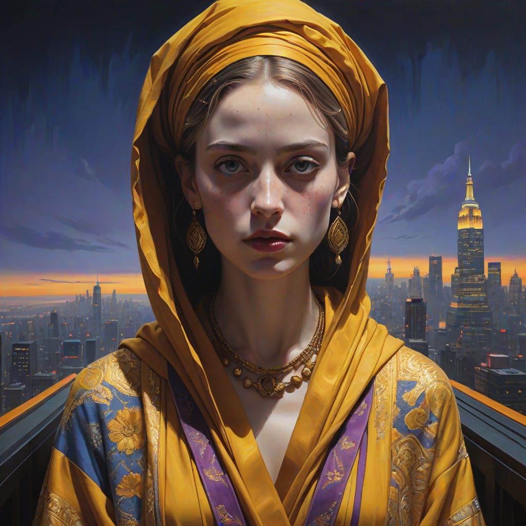 Ethereal Goddess Radiates Wisdom in Panoramic Cityscape