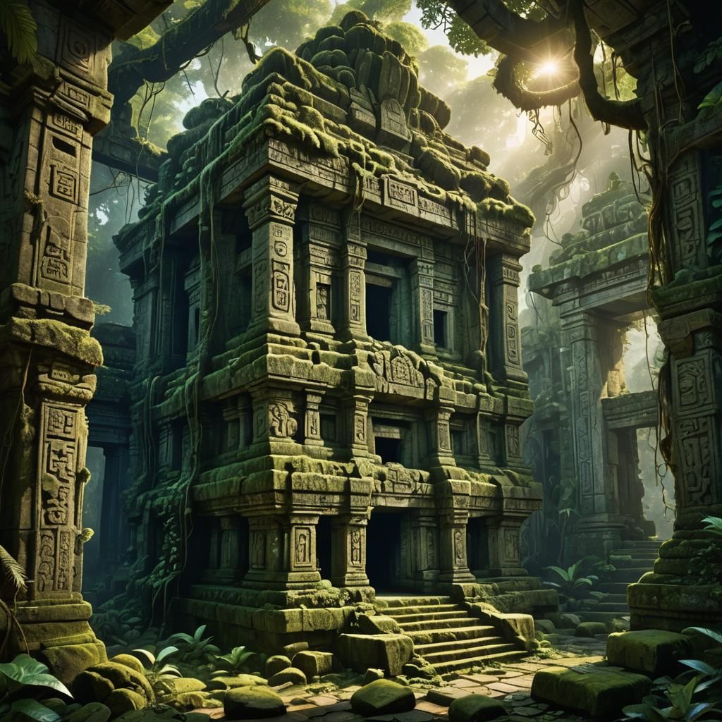 Overgrown Jungle Temple Ruins with Ancient Artifact
