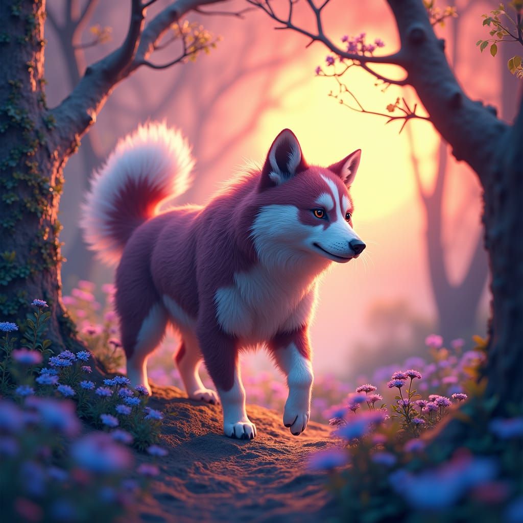 Dog-Cat-Panda Hybrid Roaming Mystical Forest