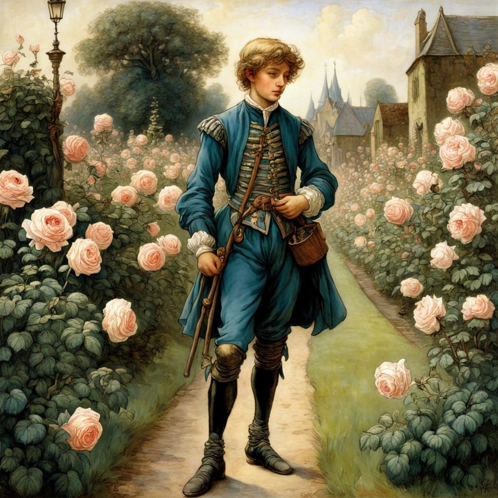 Medieval Boy Contemplates a Vibrant Rose Garden in Whimsical...