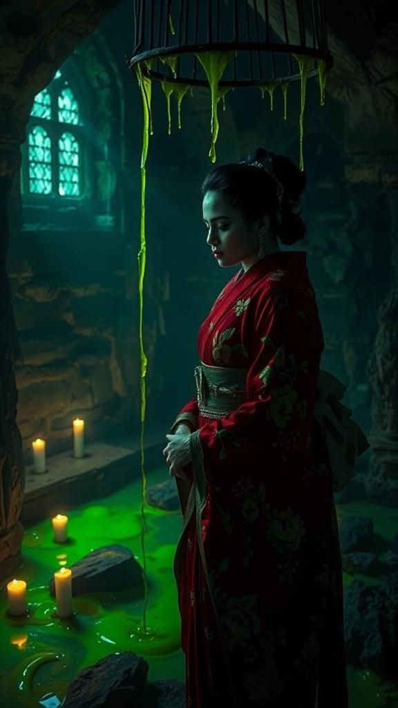 Eerie Chapel: Woman Suspended in Noxious Slime