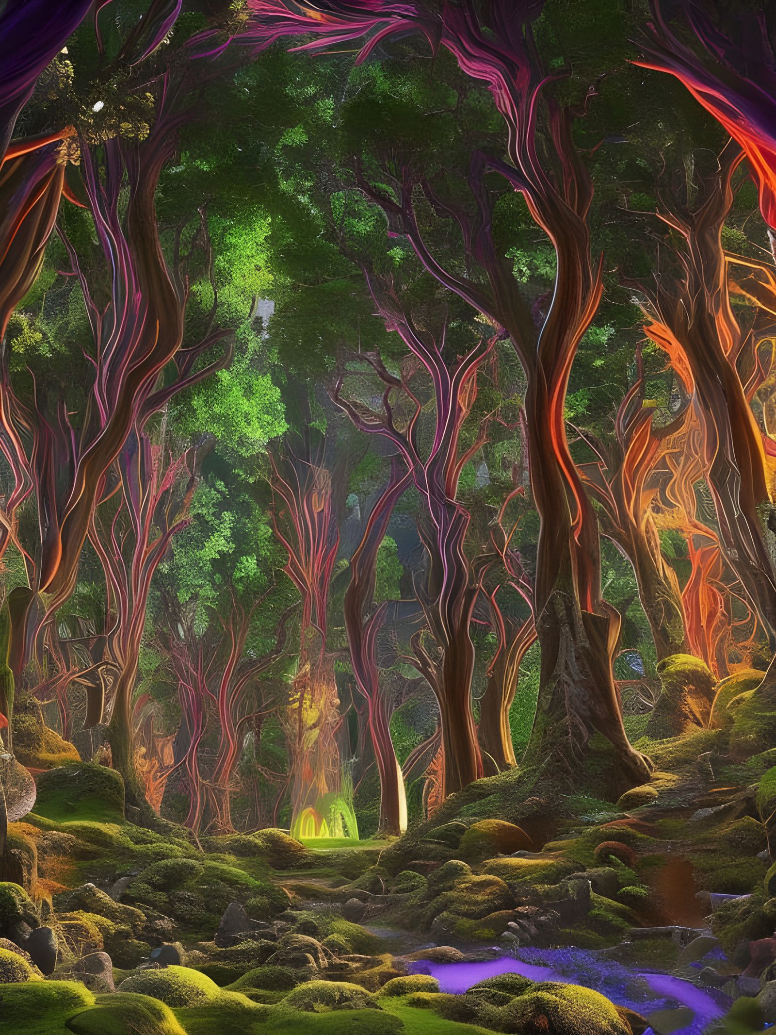 Elven Beings in Neon Forest with Giant Mushroom