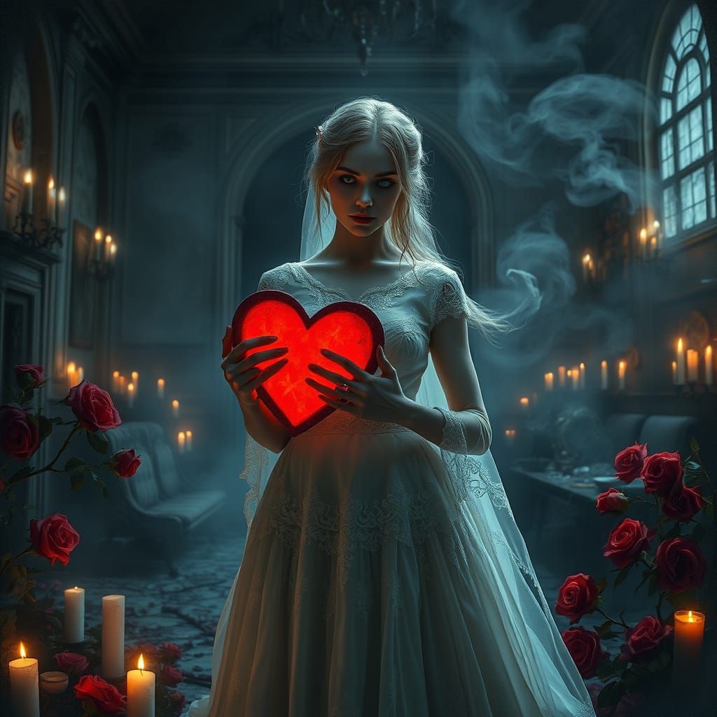 Ghost Bride in Abandoned Ballroom with Glowing Heart