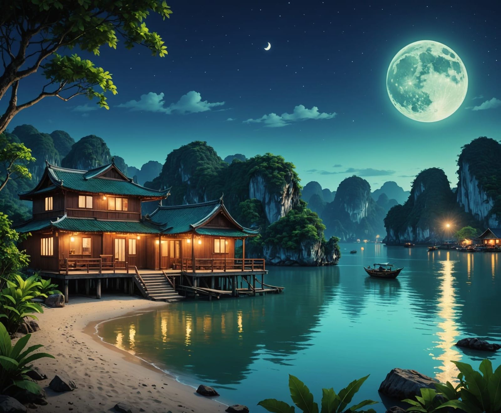Halong Bay Night Scene with Full Moon in Digital Art
