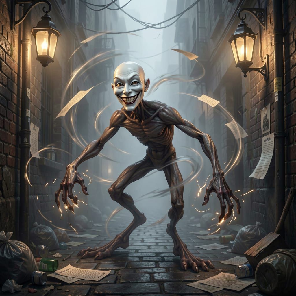 Mischievous Monster in Foggy Alleyway